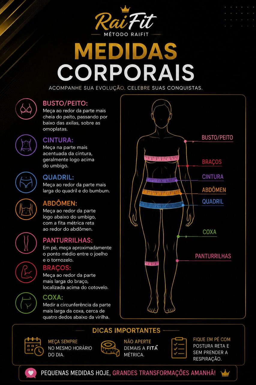 Guia visual de medidas corporais: como tirar as fotos e medir busto, cintura, quadril, abdômen, braços, coxa e panturrilha
